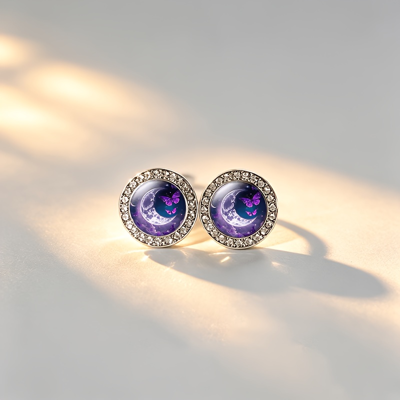 2pcs Purple Butterfly Crescent Glass Stud Earrings Set